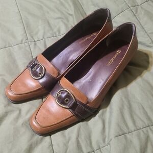 Naturalizer Bernsen Loafer Pumps Women 10M Tan Brown Leather Buckle Block Heel